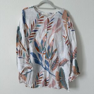 Cynthia Rowley Top Womens Size 1X 100% Linen Leaves Button Front Lagenlook
